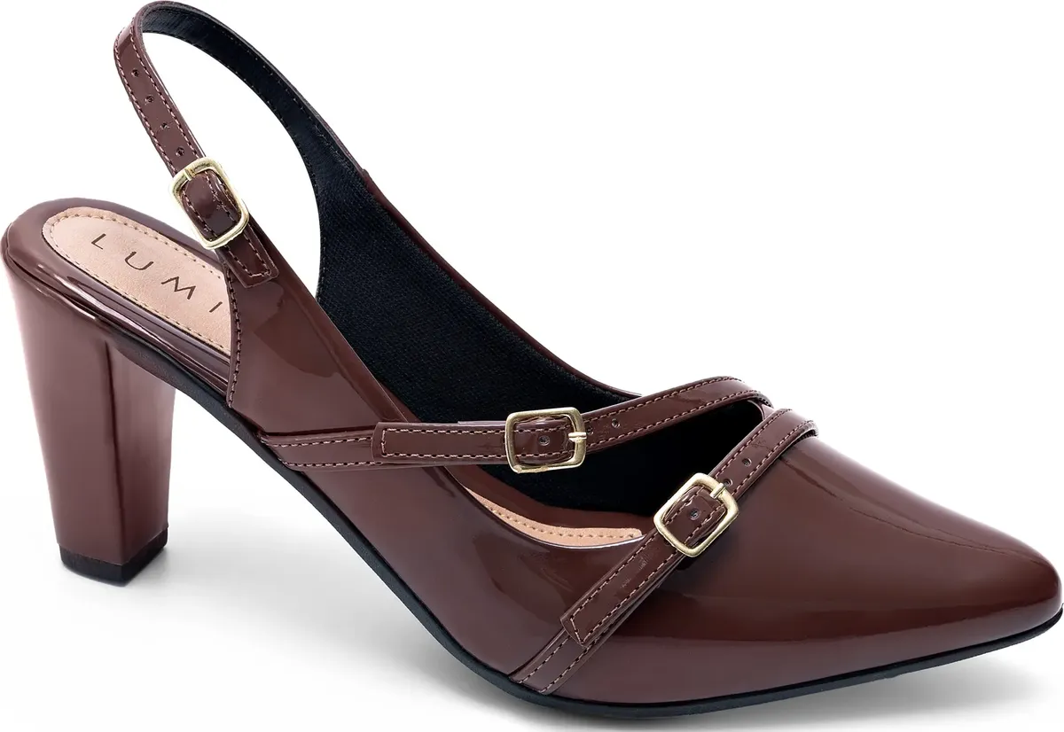Scarpin Feminino Fivelas Slingback Salto Baixo Bico Fino