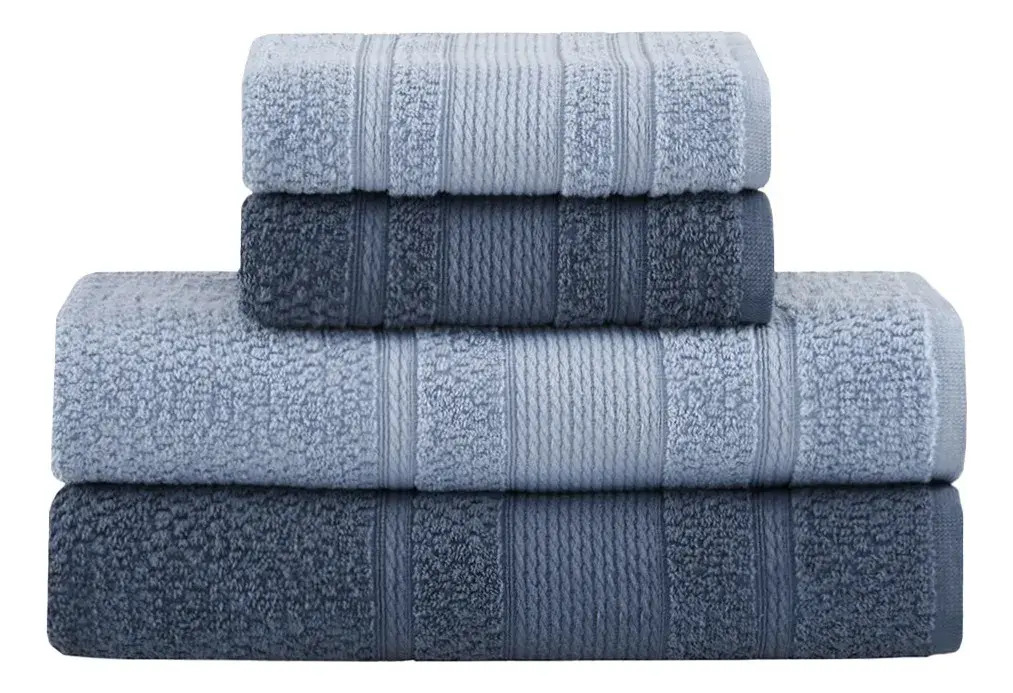 Conjunto de 4 toalhas Buddemeyer Bella Extra Soft empilhadas, alternando entre as cores azul claro e azul marinho com detalhes em relevo.