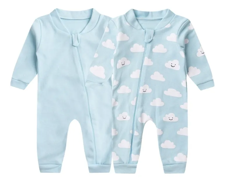 Kit 2 Macacão Bebê Com Zíper Sem Pé Liso E Estampado