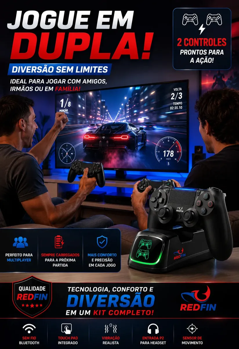 Kit 2 Controles Para Ps4 + Base Carregador Para 2 Controles Compatível Sem Fio – Tv Samsung Pc P4 Ps 4 Bluetooth Manete Gamer Tv Smart Celular Headset P2 Cor Preto Marca Redfin — imagem 4