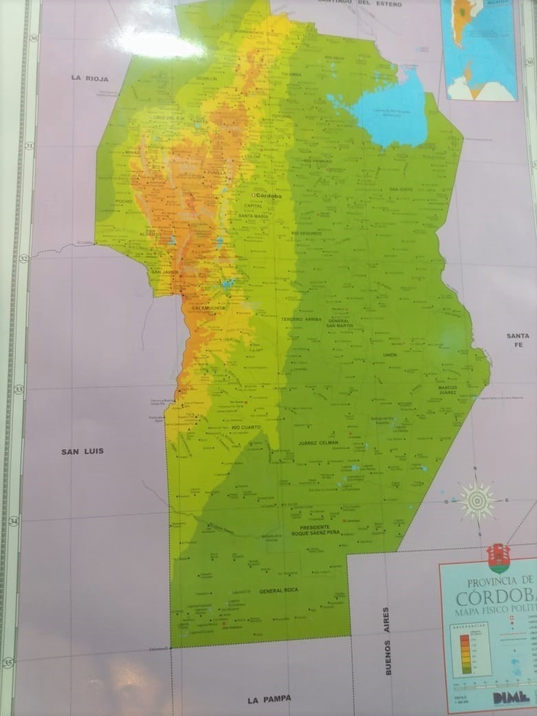 Mapa Córdoba Físico Político Mural Laminado Envarillado Emblemas