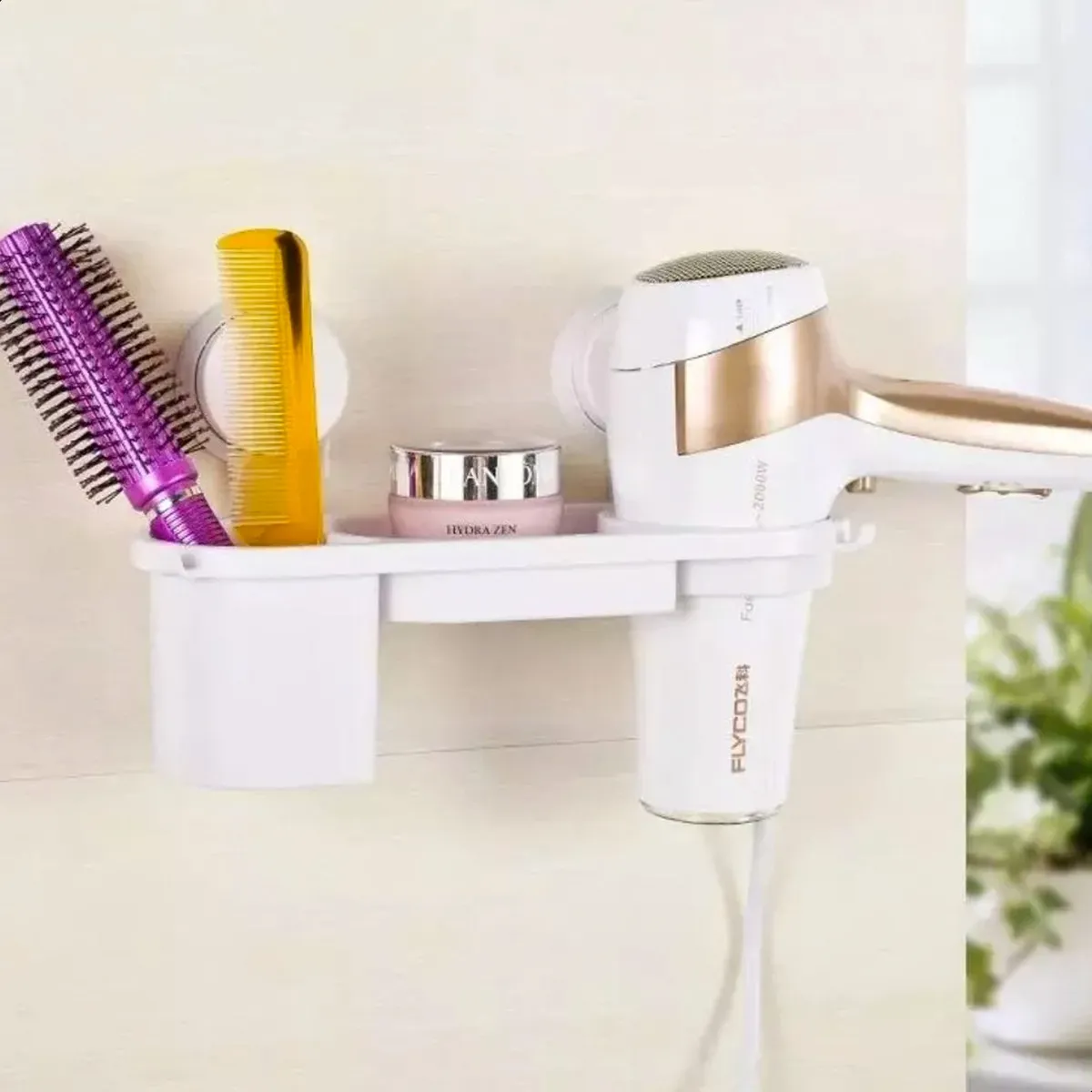 Soporte organizador para secador de pelo, estante, objetos, color blanco