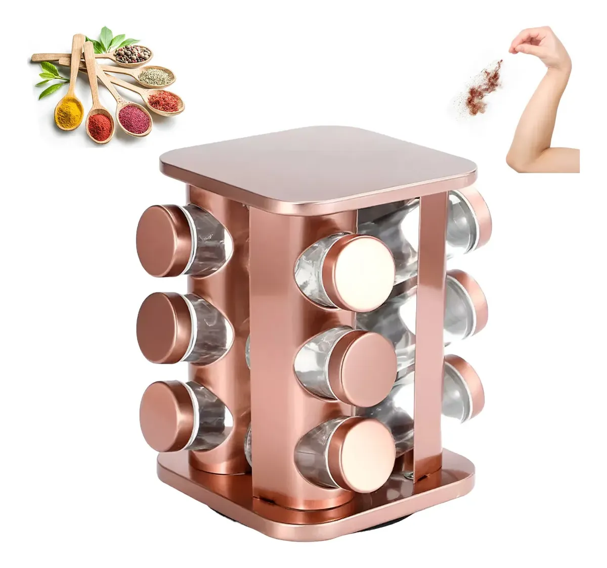 Porta Tempero Giratório 360 Com 12 Potes Vidro Suporte Rose