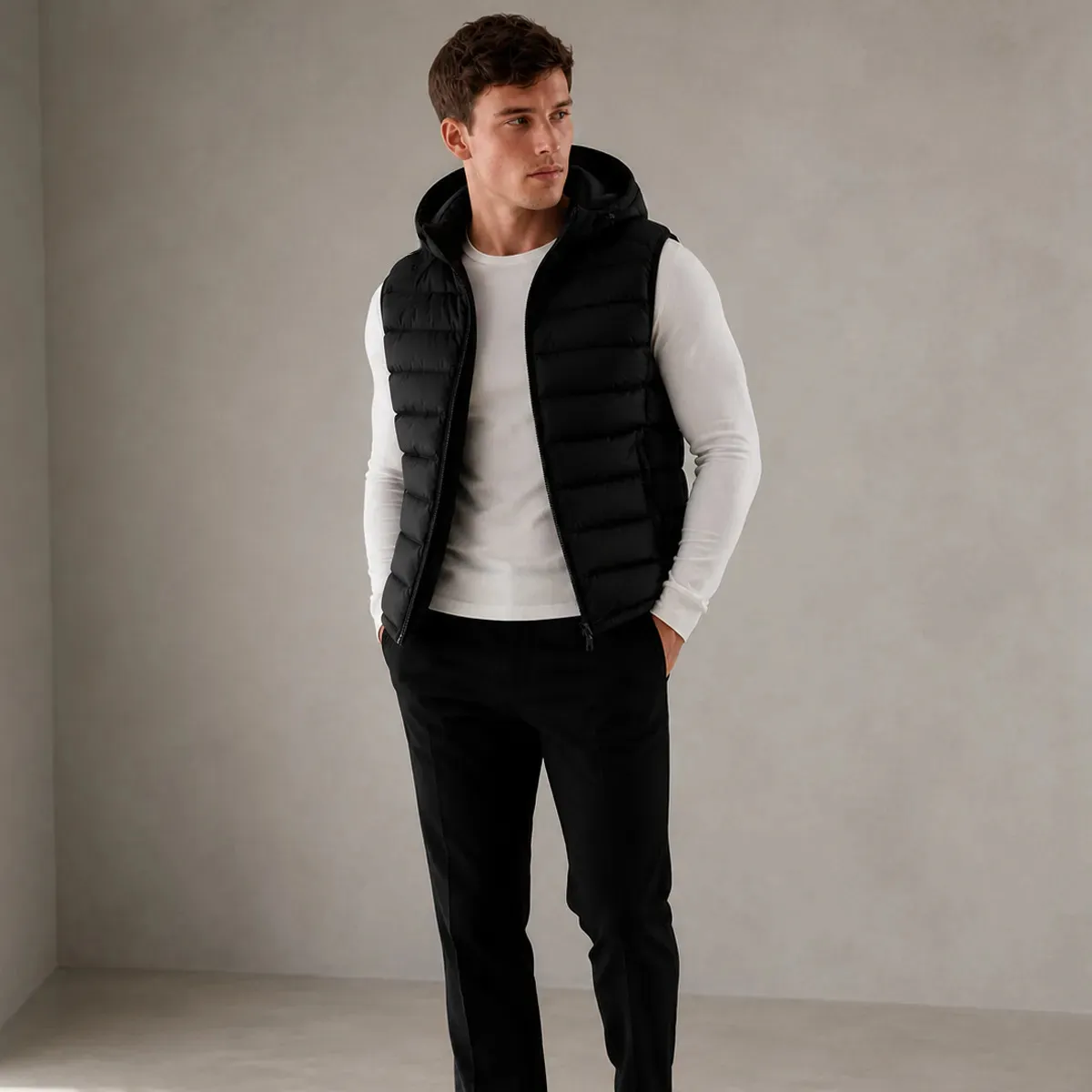 Bobojaco Colete Masculino Casaco Regata Capuz Zíper Bolso Preto Liso G