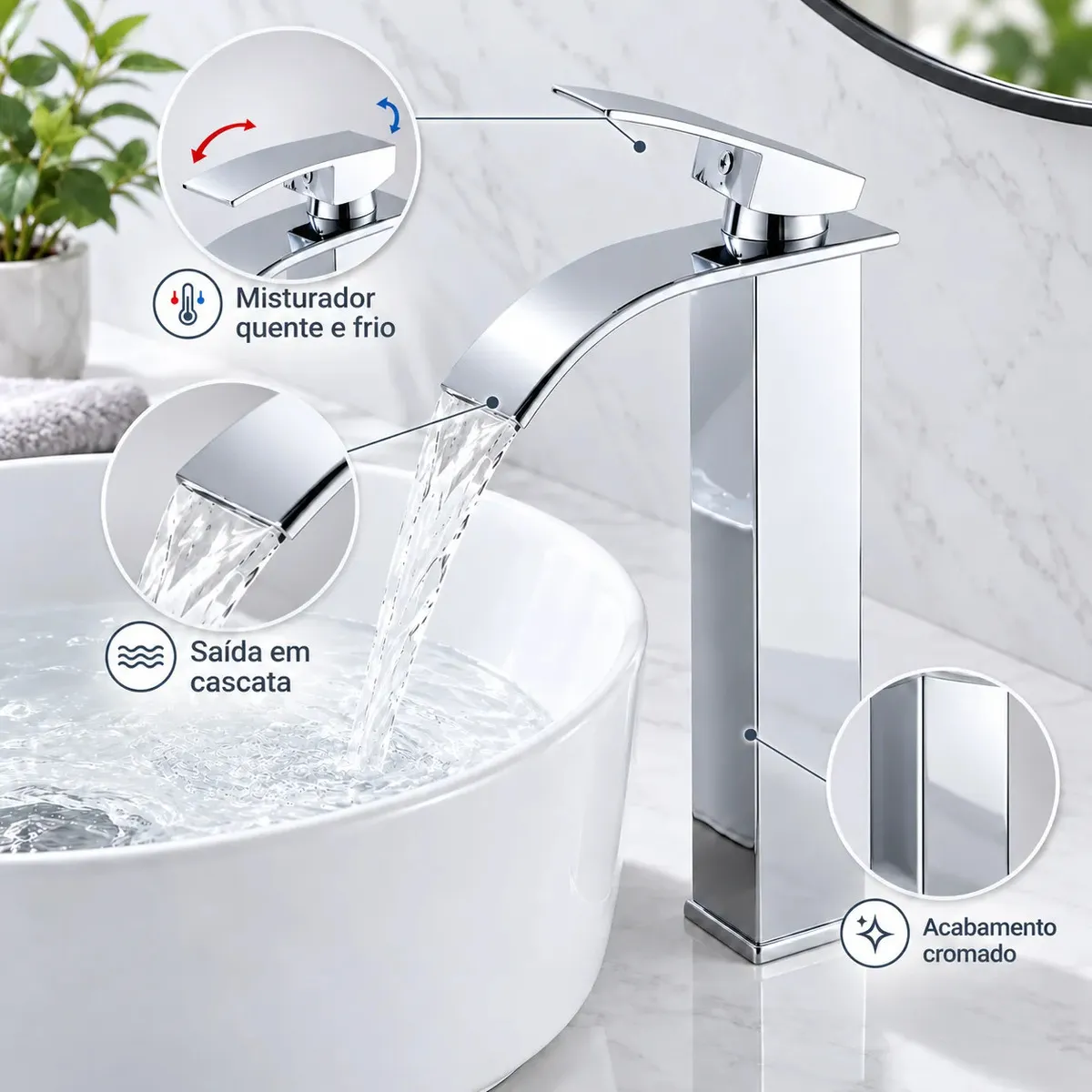 Torneira Monocomando para Cuba de Apoio Inox Cromada Bica Alta Cascata Água Quente e Fria