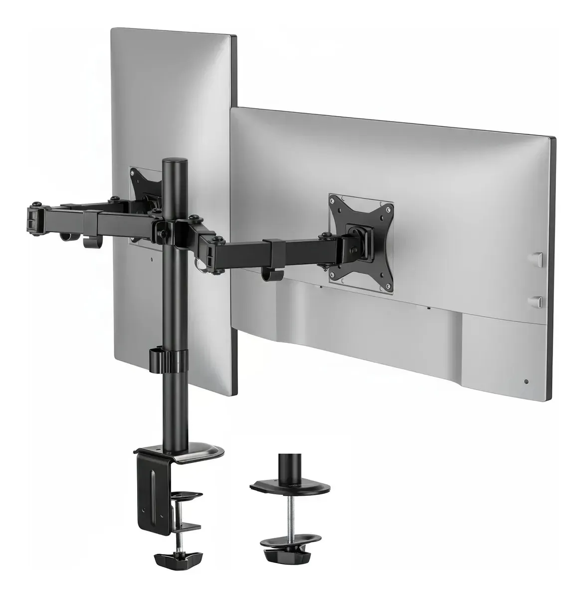 Suporte Monitor Duplo Mesa, Braço Articulado Ajustável, Base Fixação Grampo Sem Furo, VESA 75x75 100x100, 14-28 Pol, 20k