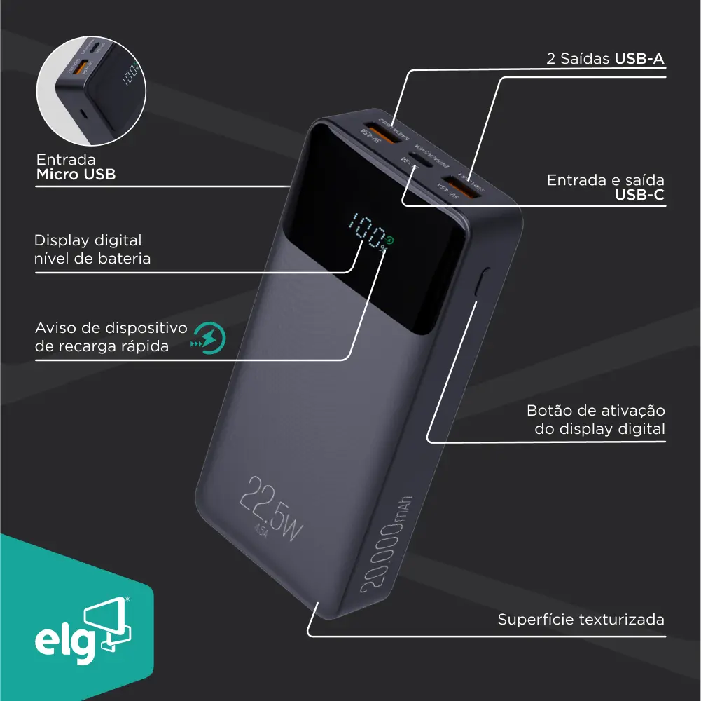 Power Bank Pro 20000mah ELG Pb200bk, Bateria Portátil Universal, Carga Rápida, Display Indicador, Entradas Micro Usb E Usb-c, 2 Portas Usb-a, Pd+qc3.0, Preto