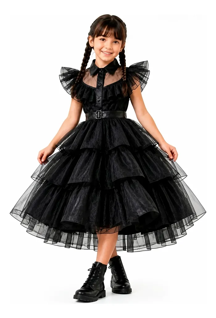 Fantasia infantil da Vandinha Addams para festa de Halloween em modelo para menina.