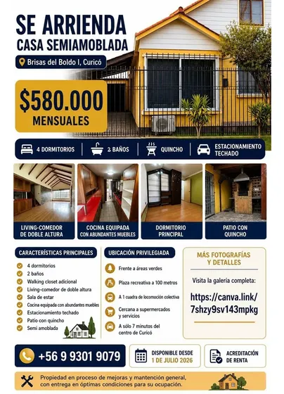 Arriendo Amplia Casa En Las Brisas Del Boldo, Curicó