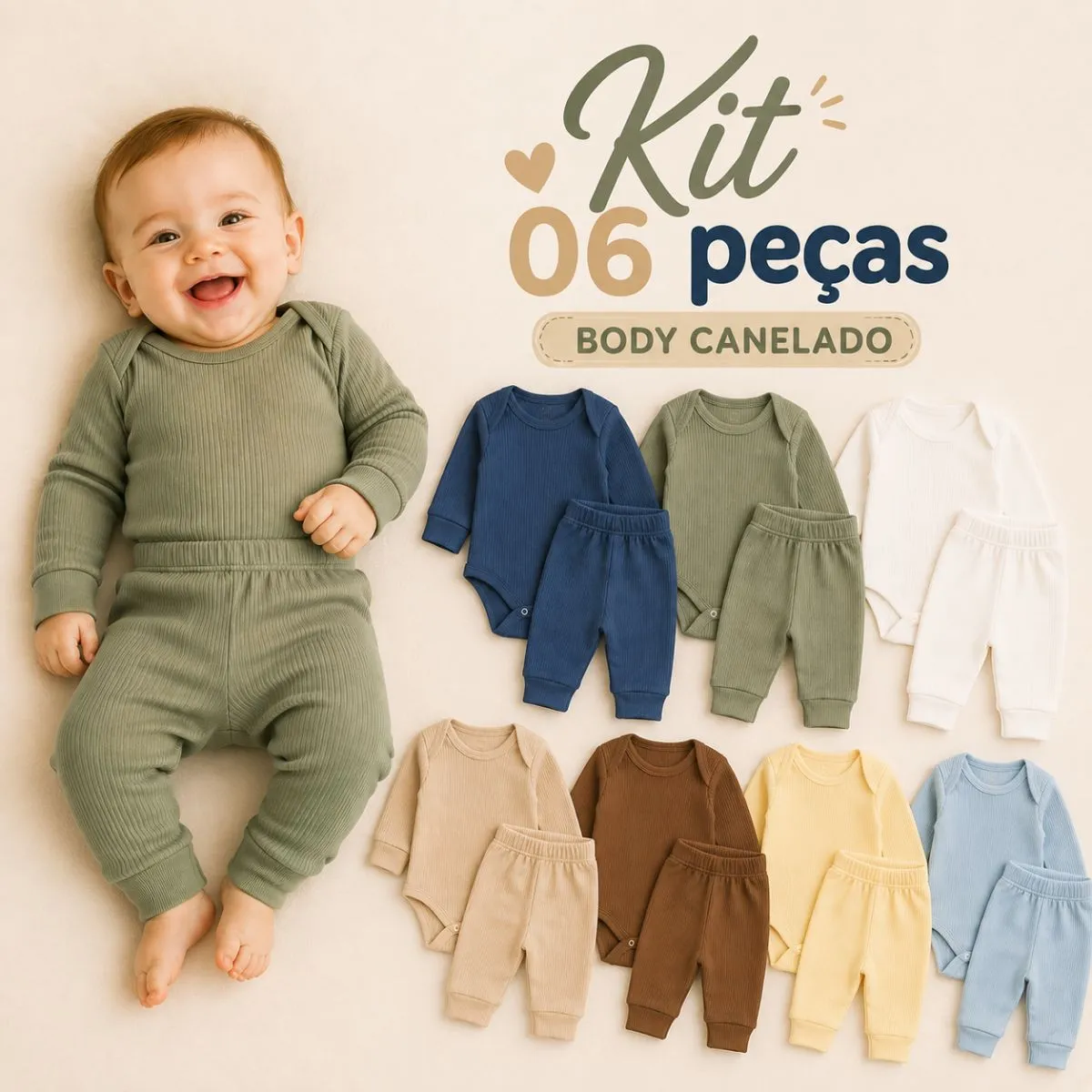 Kit 6 Peças Body Canelado Bebê Menino Manga Longa Calça