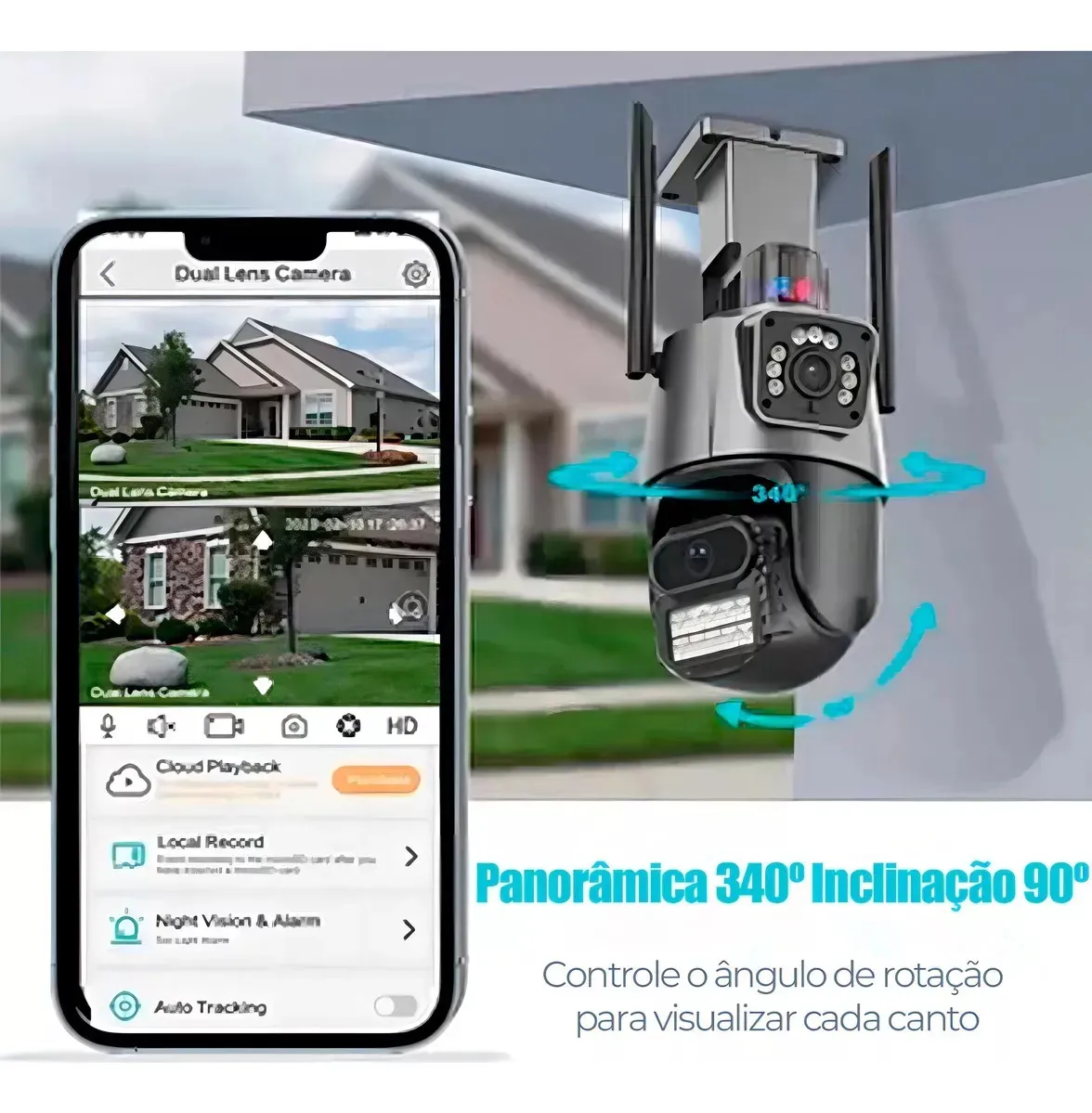 Câmera de segurança externa cinza montada em um poste, com setas indicando rotação de 340° e inclinação de 90°, ao lado de um smartphone exibindo a visualização dupla do aplicativo e a informação 'Panorâmica 340°/Inclinação 90°'.