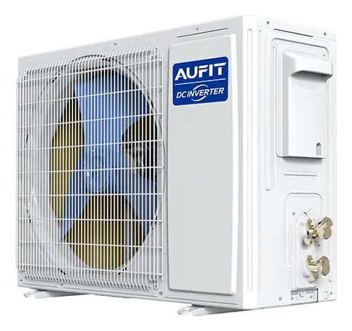 Unidade externa de ar condicionado split hi wall inverter aufit com foco na ventoinha e conexões.