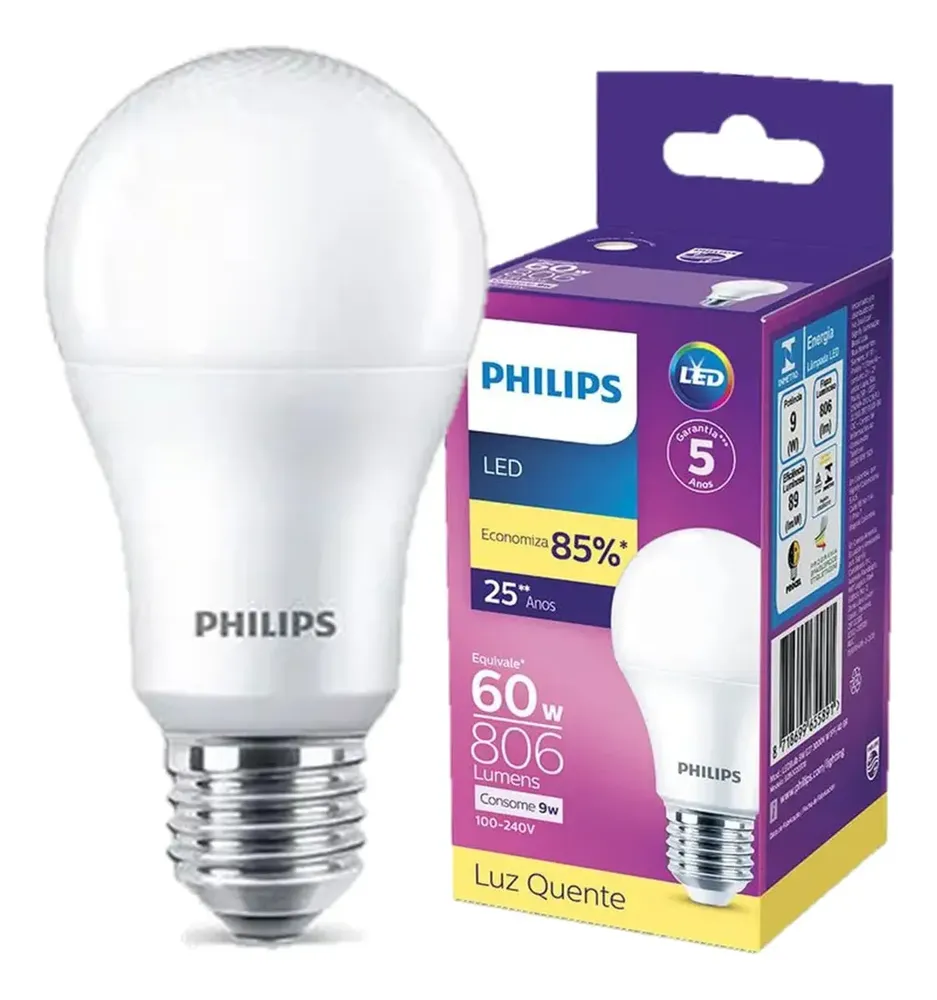 Kit 10 Lampada Led Bulbo Philips 9w Branco Quente 3000k E27 100/240v
