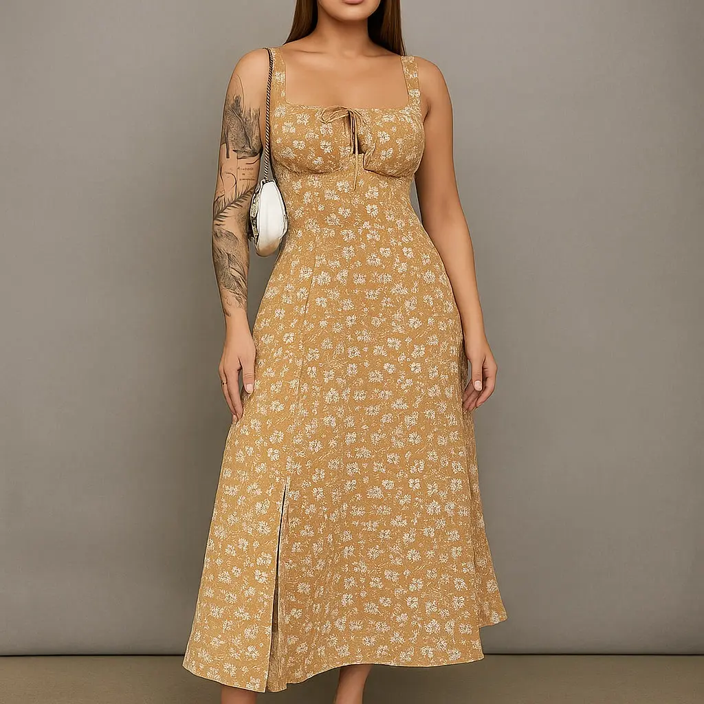 Vestido Midi Estampado Floral Com Fenda Lateral E Bojo