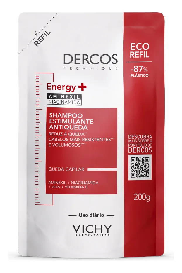 Refil Shampoo Estimulante Tratamento Antiqueda Energy+ para Cabelos Fracos e Quebradiços, Fortalece os Fios com Aminexil, AHA, Niacinamida e Vitamina E, Dercos Vichy 200g