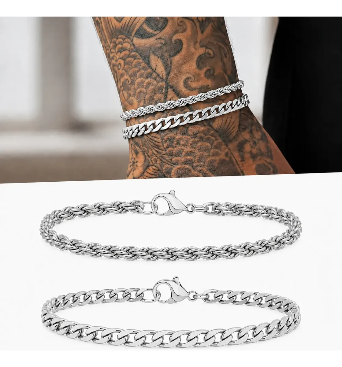 Kit 2 Pulseiras Masculinas Prata Aço Inox 316l Grumet Baiano