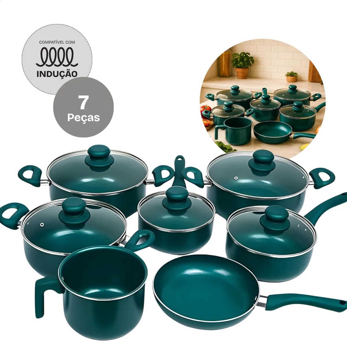 Conjunto Panelas Jhamba Indução Cerâmica 2mm Antiaderente 7 Peças Verde