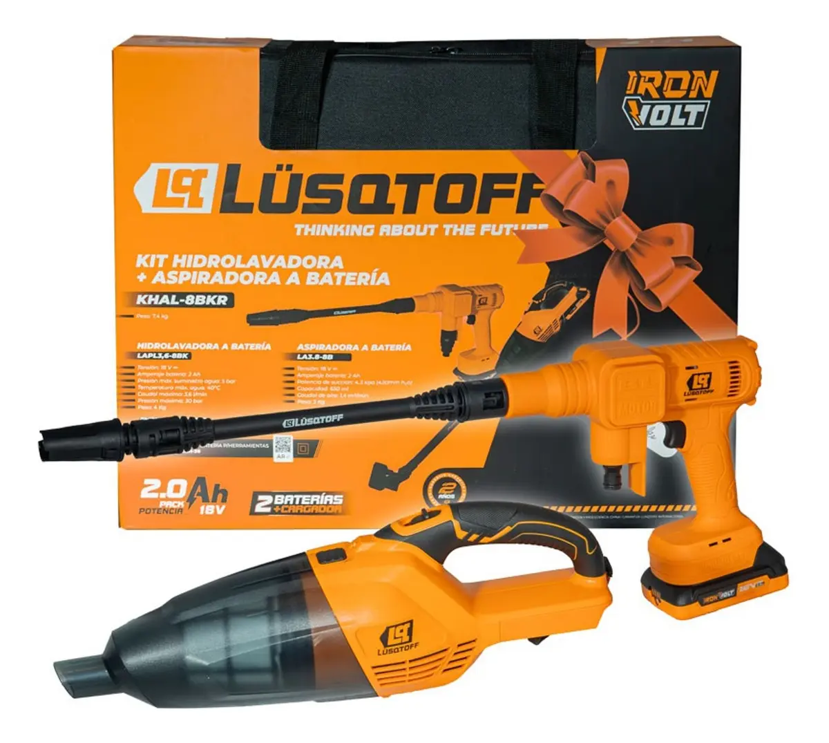 Kit Hidrolavadora + Aspiradora A Batería Lusqtoff Khal-8bkr Naranja Y Negro