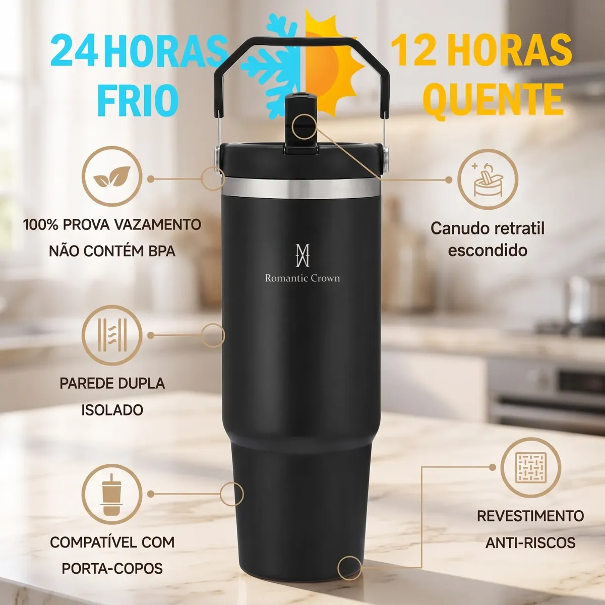 Garrafa Térmica Inox 900ml Tampa Flip Straw Canudo Com Alça - foto 4