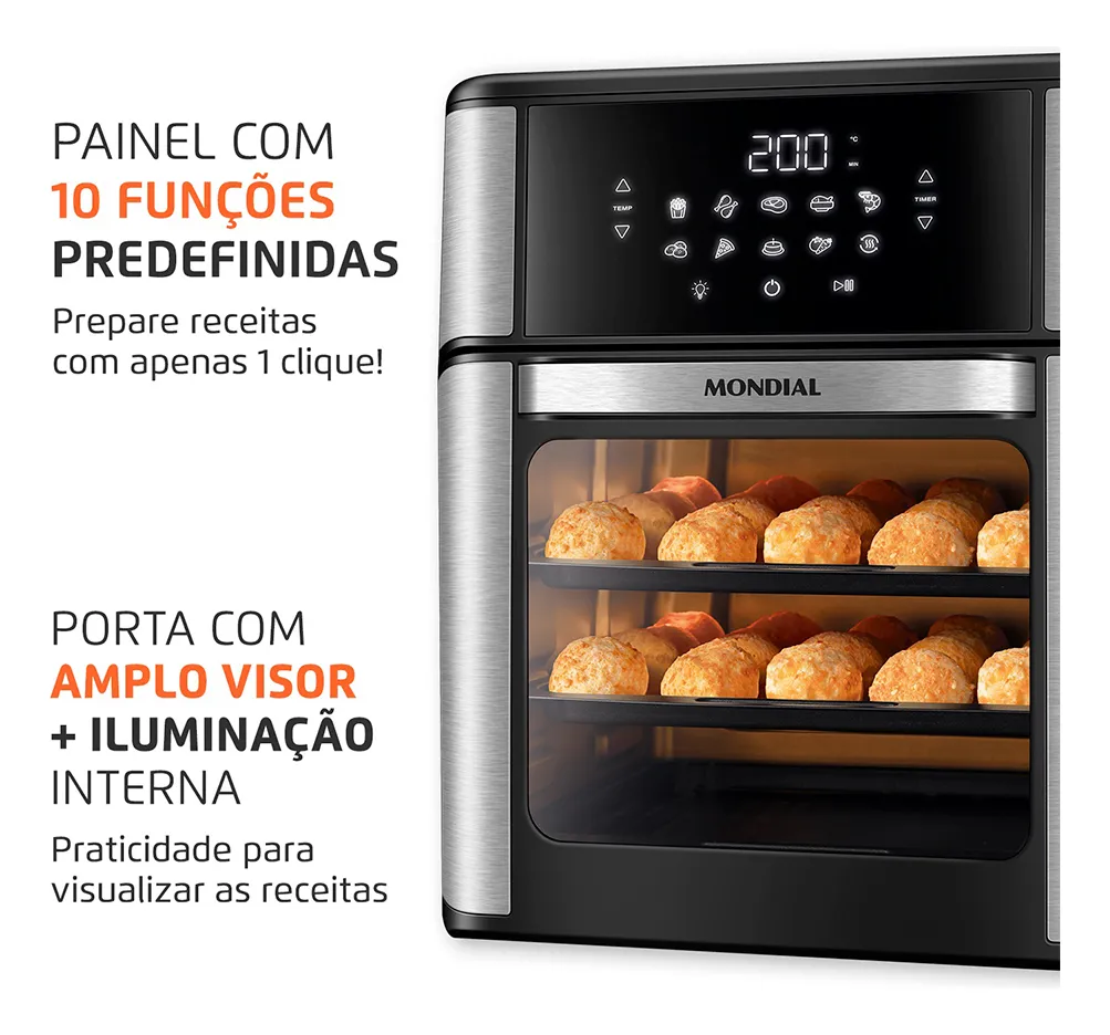 MONDIAL Fritadeira Air Fryer Forno Oven 12L, Preto/Inox, 2000W, 2 Descrição da imagem