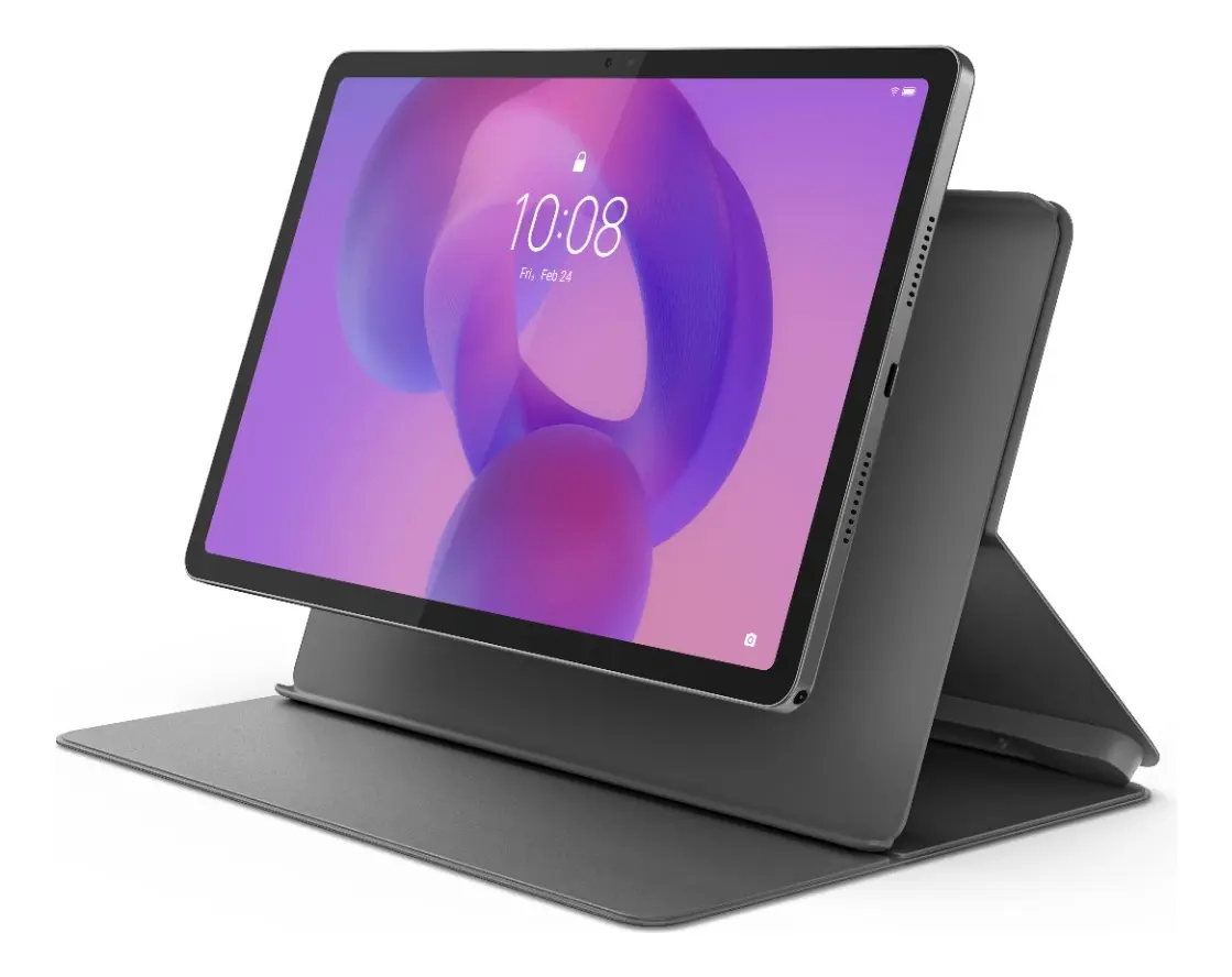 Tablet em pé sobre a capa com a tela mostrando o horário '10:08' e data 'Fri, Feb 24'