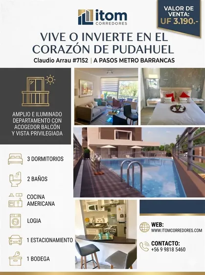 Se Vende Departamento 3 Dormitorios, A Pasos Metro Barrancas