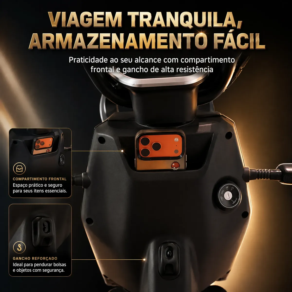 Detalhe do compartimento frontal e gancho de carga da bicicleta Zt137