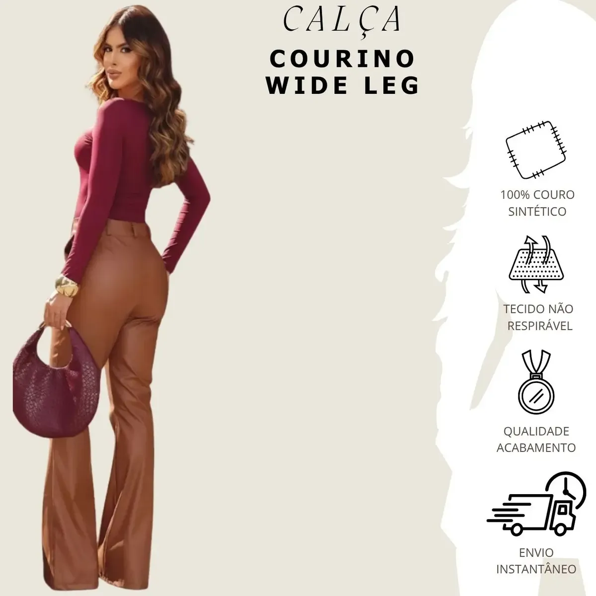 Vista traseira da calça de couro sintético marrom em modelo, destacando o caimento wide leg e especificações do tecido