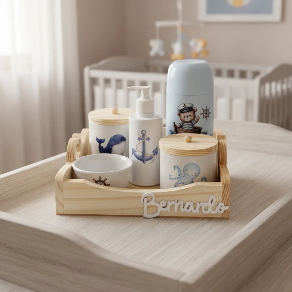 Kit Higiene Bebê Porcelana Ursinho Marinheiro Bandeja Pinus