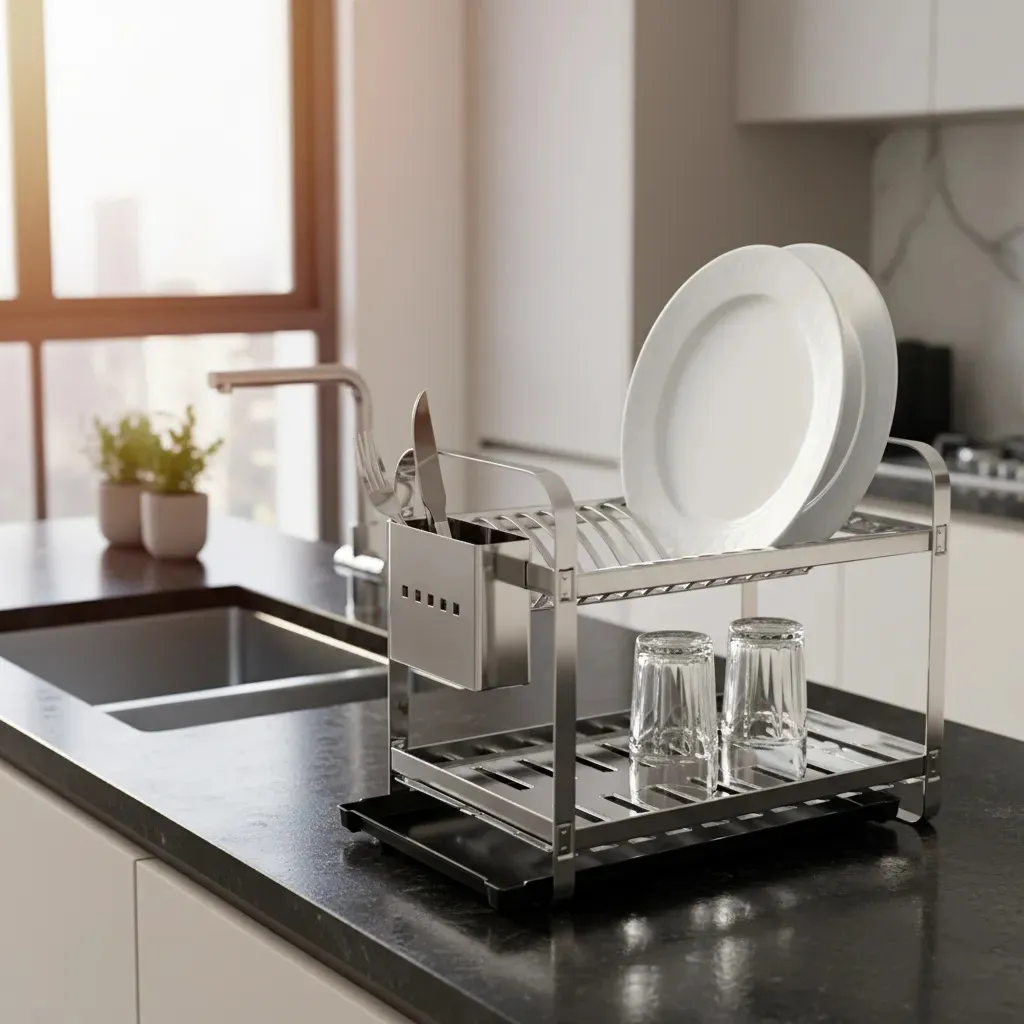 Escorredor Pratos Louça Louca Inox Para 16 Pratos Cozinha Restaurante Bar Com Porta Talher Inox Bandeja Coletora De Agua