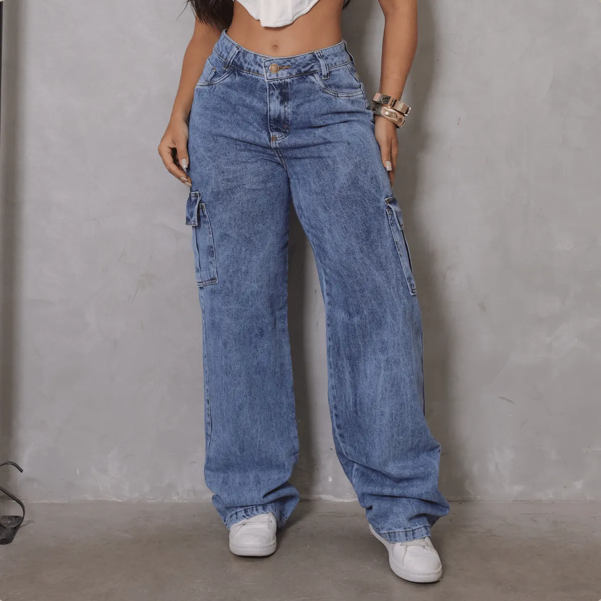 Calça Cargo Feminina Wide Leg Cintura Alta Stillger Jeans