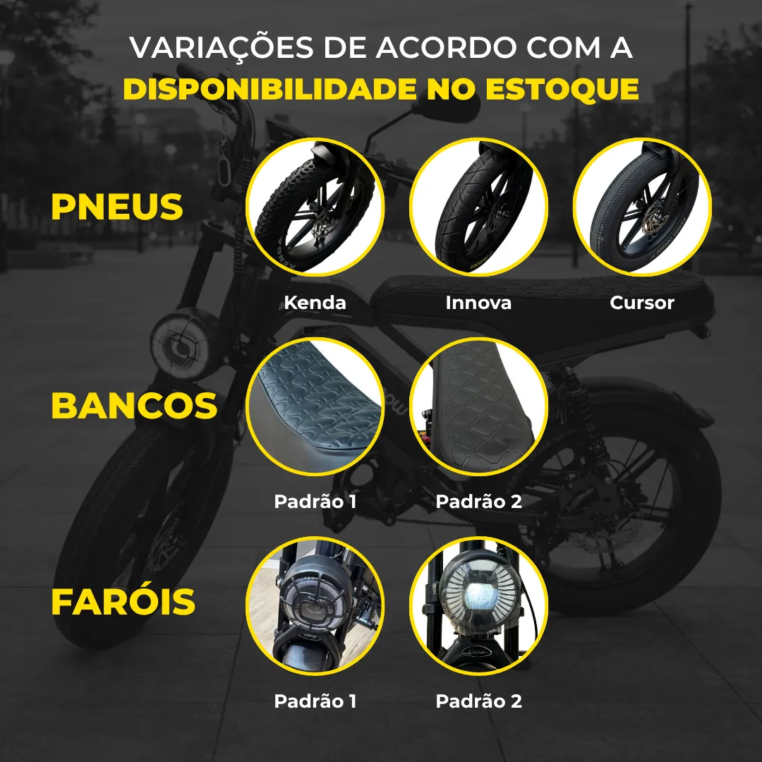 Infográfico das variações de pneus, bancos e faróis da bicicleta iNow V40 Pro