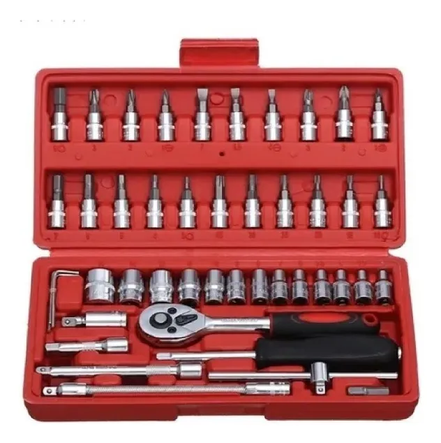 Kit Chaves Ferramentas Jogo Fenda Philips Catraca Soquete Allen 46 Peças com Maleta Completa Manual Ideal Mecânico Manutenção Casa Carro Pop Imports Profissional Resistente Portátil Compacto