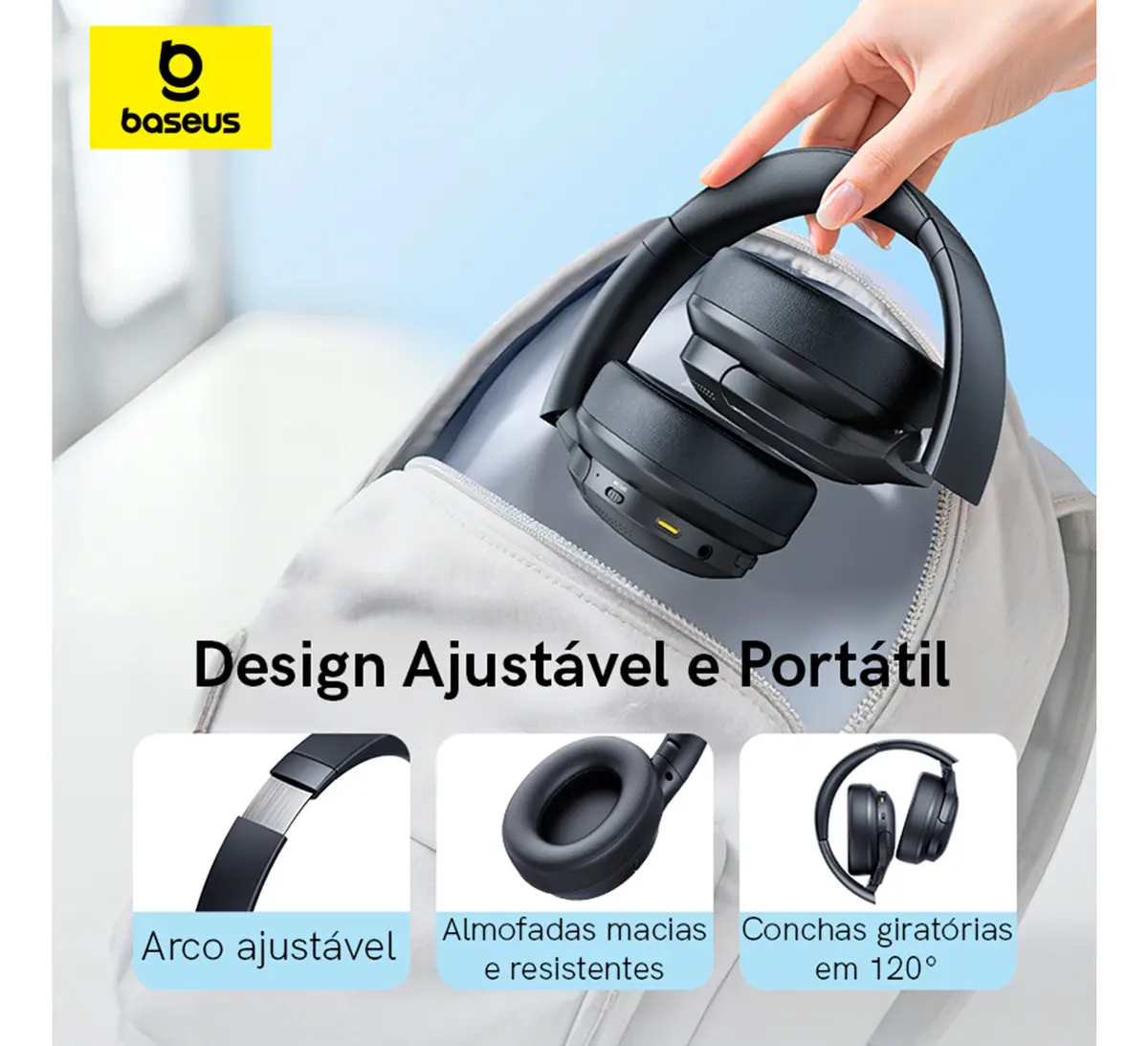 Mão inserindo o headphone Baseus Bass BH1 Lite preto dobrável em um compartimento de mochila, ilustrando seu 'Design Ajustável e Portátil' com arco, almofadas macias e conchas giratórias em 120°.