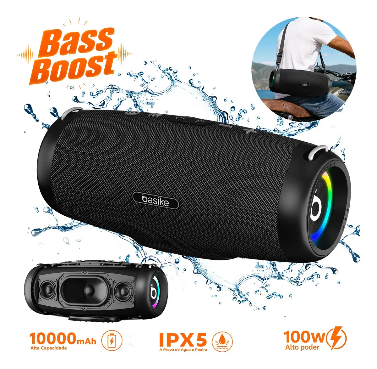 Caixa de Som Bluetooth Basike BA-RAD293 100W Boombox RGB IPX5 - Basike