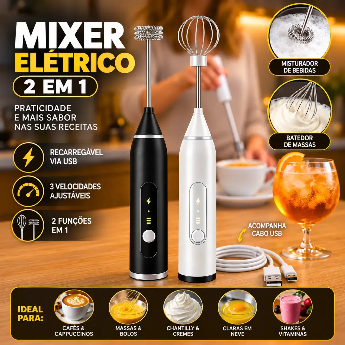 Mini Mixer Misturador De Bebidas Elétrico 2 Em 1 Portátil Recarregável Mexedor De Ovos Whey Leite Café Espuma Shake Drinks Capuccino Suco Comica