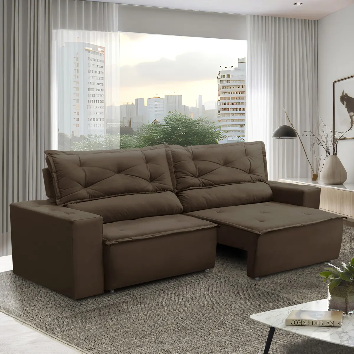 Sofá Retrátil e Reclinável 2 lugares com Molas 1,50m Livia Suede Marrom Adonai Estofados
