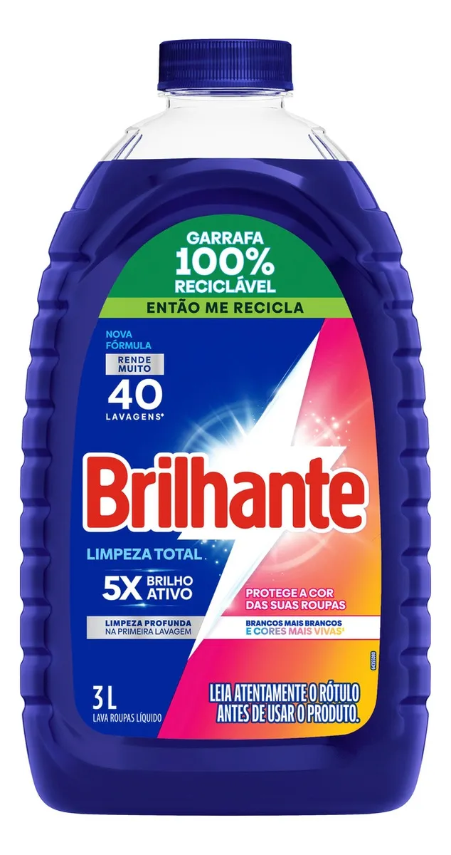 Brilhante lava roupas líquido limpeza total 3 litros
