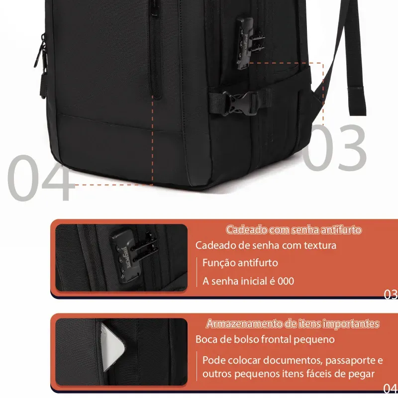 Mochila, para homens e mulheres, com fecho de senha, capacidade expandível de 30 a 42 L, impermeável, reforçada, ideal para viagens diárias e negócios, pode acomodar um laptop de 15,6 polegadas