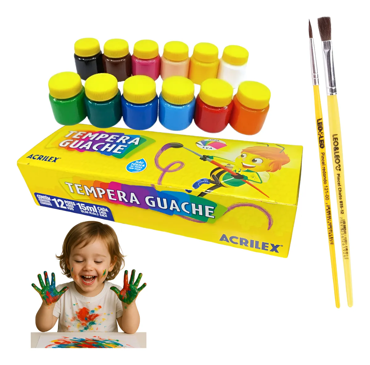 Tinta Guache 12 Cores 15 Ml Não Tóxica Acrilex + 2 Pincéis 12 Cores