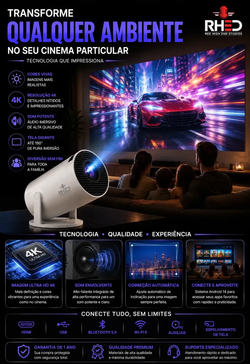 Mini Projetor Smart Rhead RHY300 Full HD com Wi-Fi e Bluetooth para Home Theater