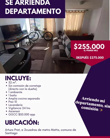 Arriendo Depto. 33mt Sin Comisión Stgo