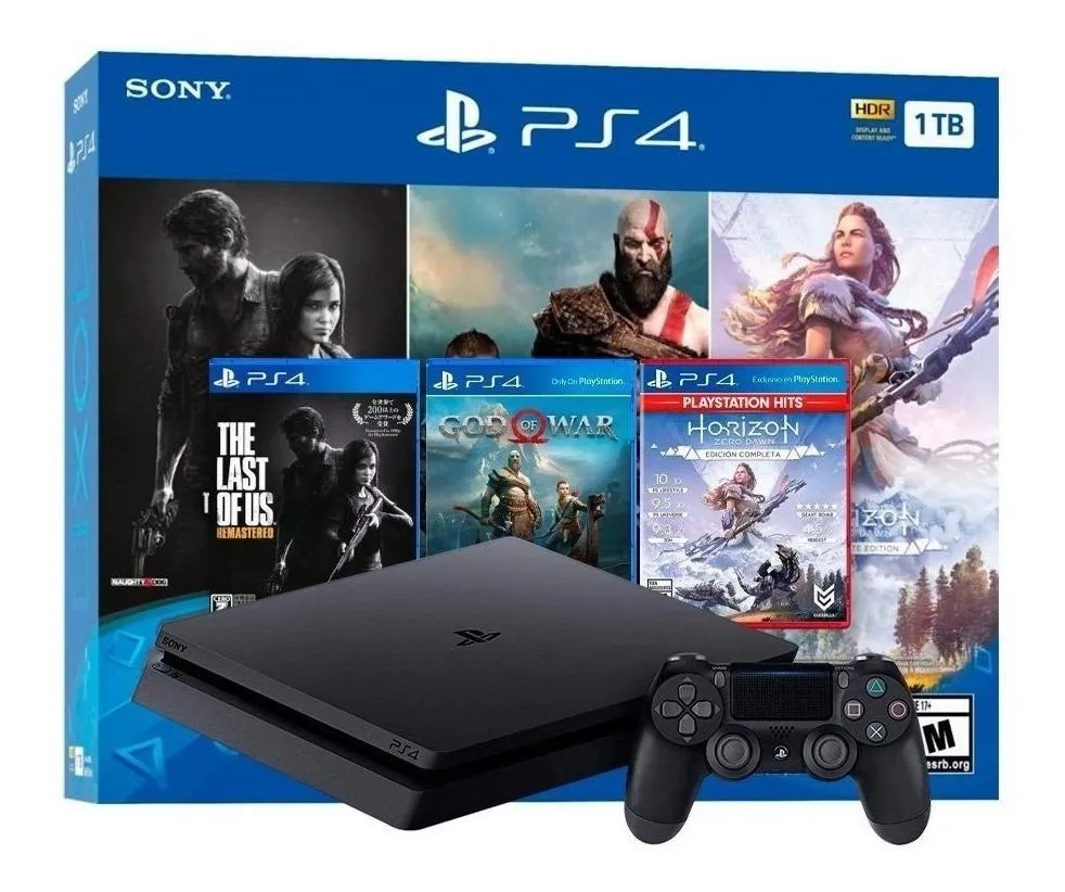Sony PlayStation 4 Slim 1TB Mega Pack: The Last of Us/God of War/Horizon Zero Dawn cor preto onyx 2023