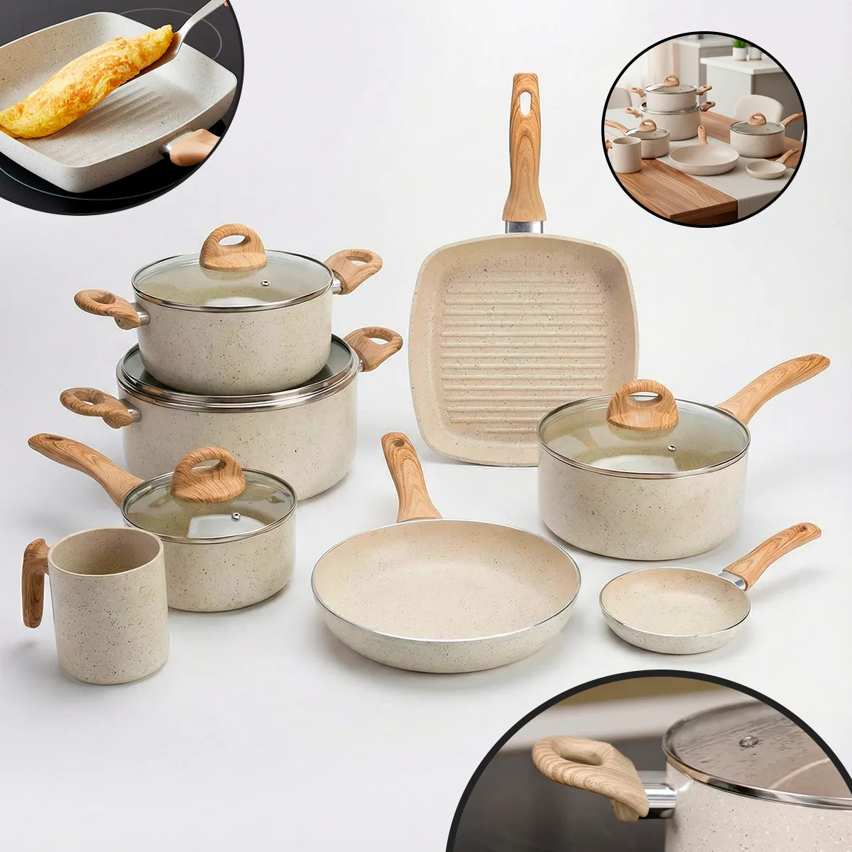 Conjunto Jogo Panelas Cerâmica Antiaderente 12 Peças 2,5mm Bege