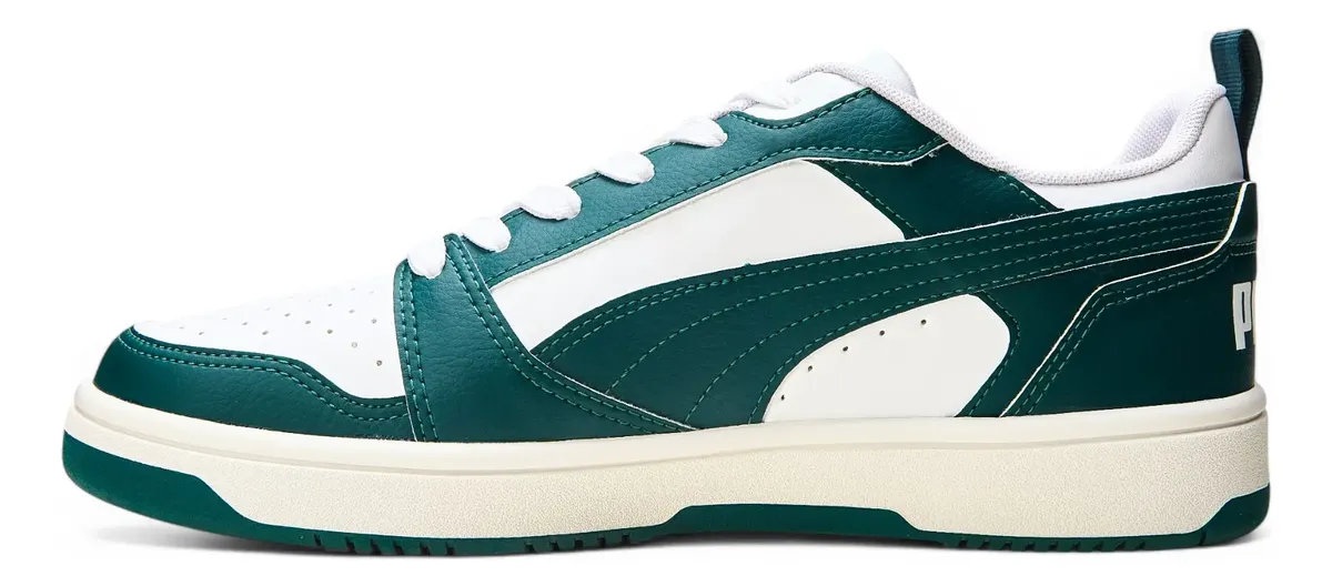 Vista lateral interna do tênis Puma Rebound V6 Low branco com detalhes em verde