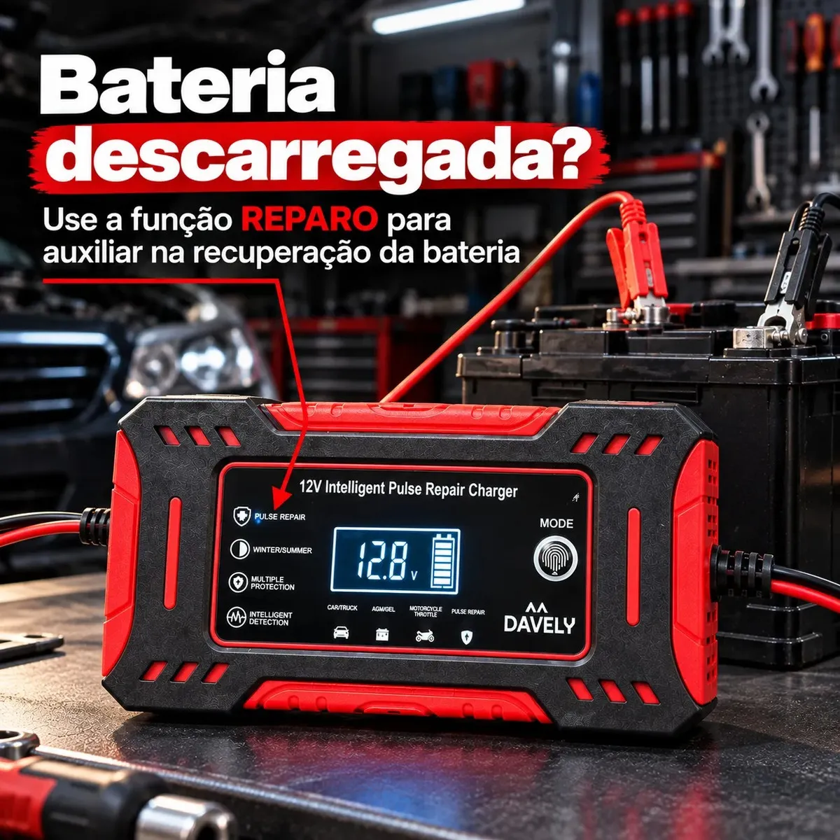 Carregador de Bateria 12V 6A Bivolt Inteligente Carro Moto Caminhão Automotivo 4Ah a 100Ah Com Função Reparo Display Digital Proteção Carga Emergencia Portátil — foto 3