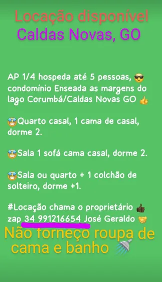 Ap 1/4 Pra 5 Pessoas,as Margens Do Lago Corumbá,caldas Novas