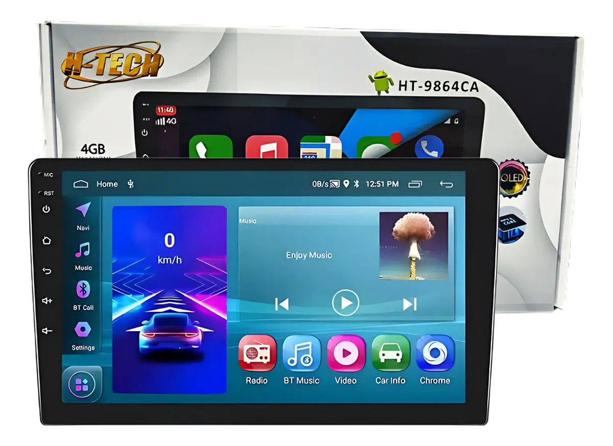Central Multimidia H-Tech HT-9864CA 9pol 4gb 64gb Octacore Carplay E Android QLED