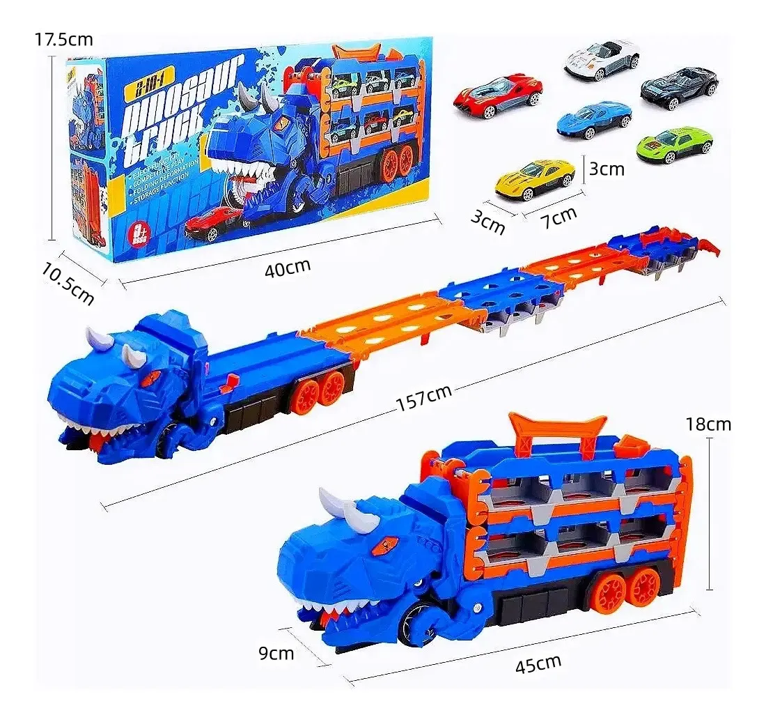 Pista Carrinho Dinossauro Caminhão Lançador 6 Carrinhos Cor Azul — imagem 3