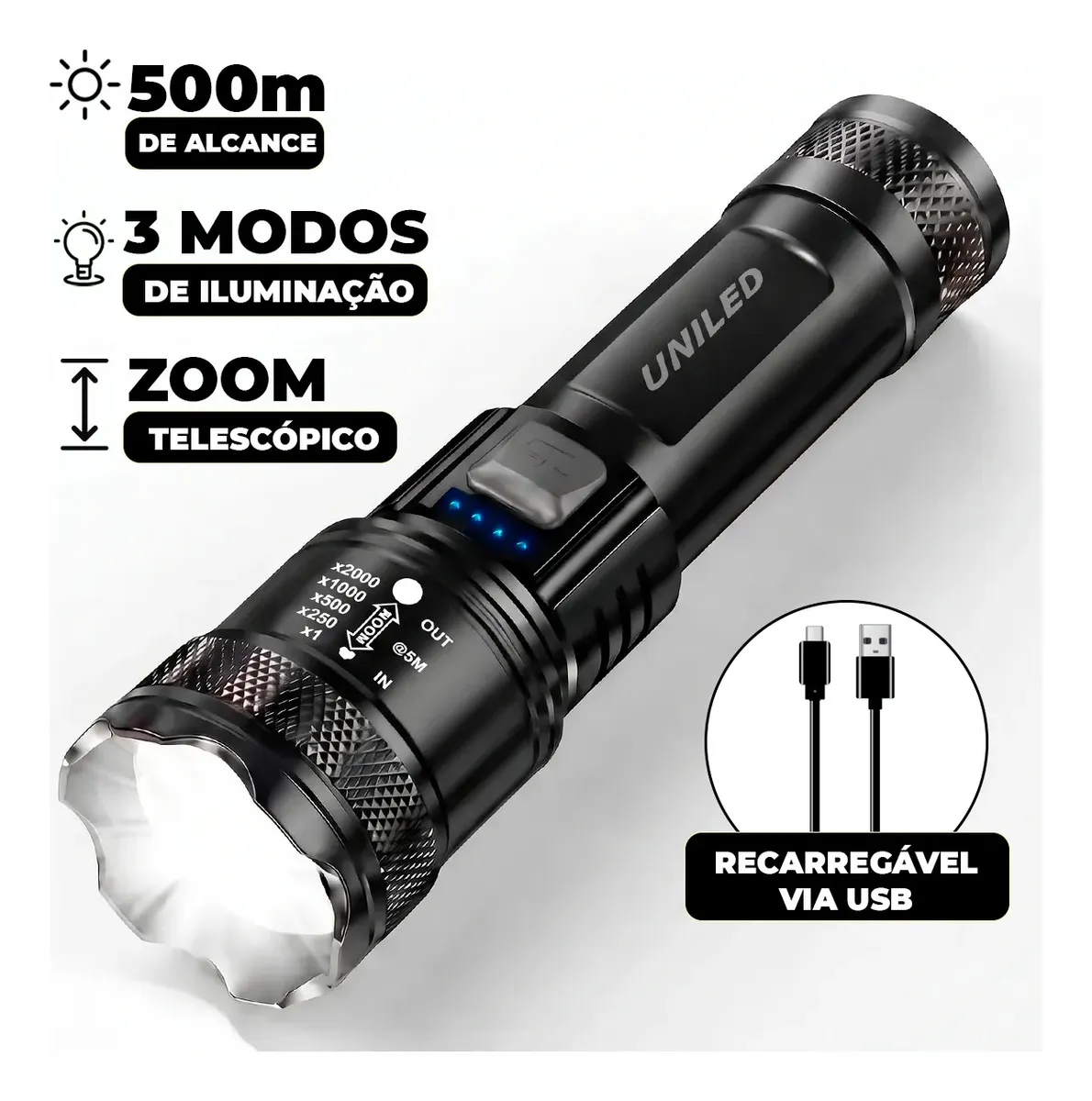 Lanterna Militar Tatica LED Mais Forte do Mundo 1000m Potente Zoom Telescópico Alto Brilho Resistente Agua Sitio Fazenda UNILED